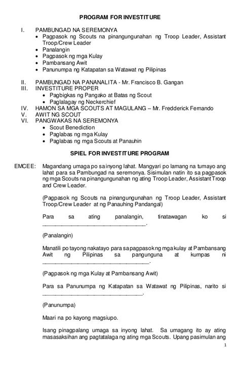 Program for investiture tagalog version Script and Spiel .